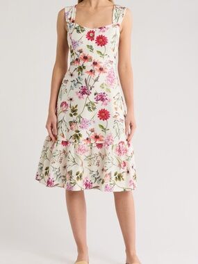 Eliza J Cream Floral Midi Dress with Pink & Green Accents